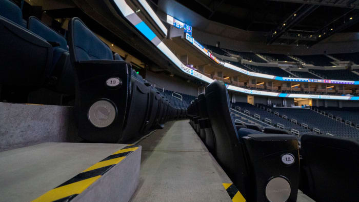 Empty seats at the Chase Center.